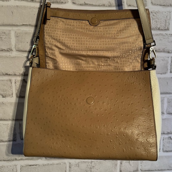 ♠️Kate Spade Houston Street Maria Brown Ivory Foldover Ostrich Shoulder Bag - Picture 6 of 16